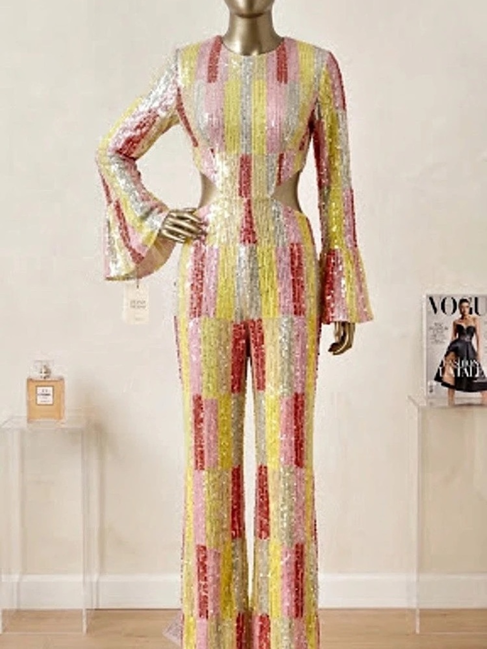 Multicolor Stripe Sequin Jumpsuit Pink & Yellow